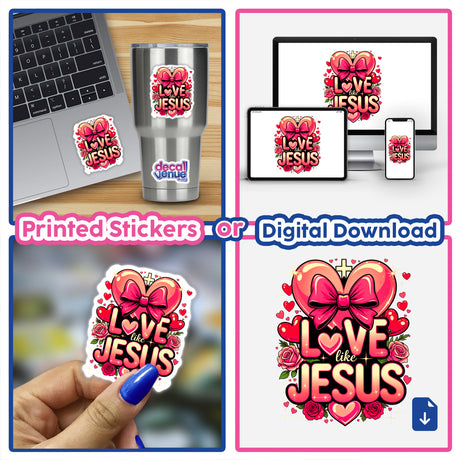 Collage featuring Love Like Jesus Valentine Hearts stickers, including heart designs with bows and roses, displayed on laptops, cups, and phones, available as stickers or digital downloads.