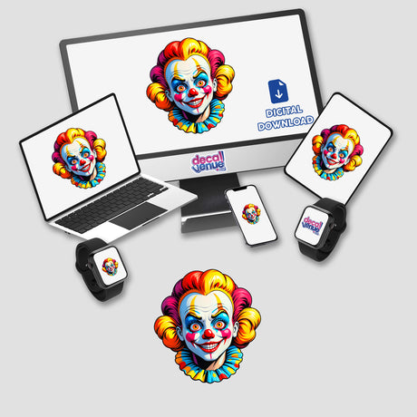 A Crazy Clown Girl depicted on a computer monitor and laptop screen, available as stickers or digital artwork from Decal Venue, showcasing unique and whimsical design elements.