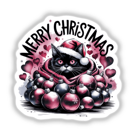 Black Cat Merry Christmas Cozied in Ornaments, featuring a cartoon black cat wearing a Santa hat amidst festive ornaments, available as stickers or digital artwork from Decal Venue.