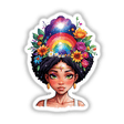 Ethereal Chakra Awakening: Mesmerizing watercolor portrait of a cosmic hippie woman with flowers in her hair, available as stickers or digital artwork.