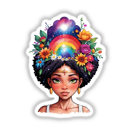 Ethereal Chakra Awakening: Mesmerizing watercolor portrait of a cosmic hippie woman with flowers in her hair, available as stickers or digital artwork.