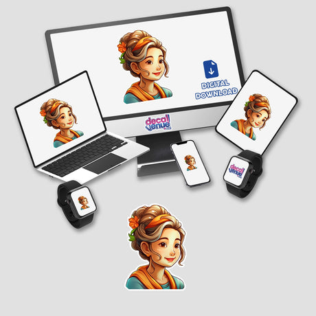 Stylish digital illustration of a cheerful woman with an intricate messy bun hairstyle, showcased on various digital devices and products from the Decal Venue store.