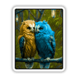 Blue and Yellow Owls perched on a branch, available as stickers or digital artwork, showcasing two owls in a detailed depiction, perfect for unique decor from Decal Venue.