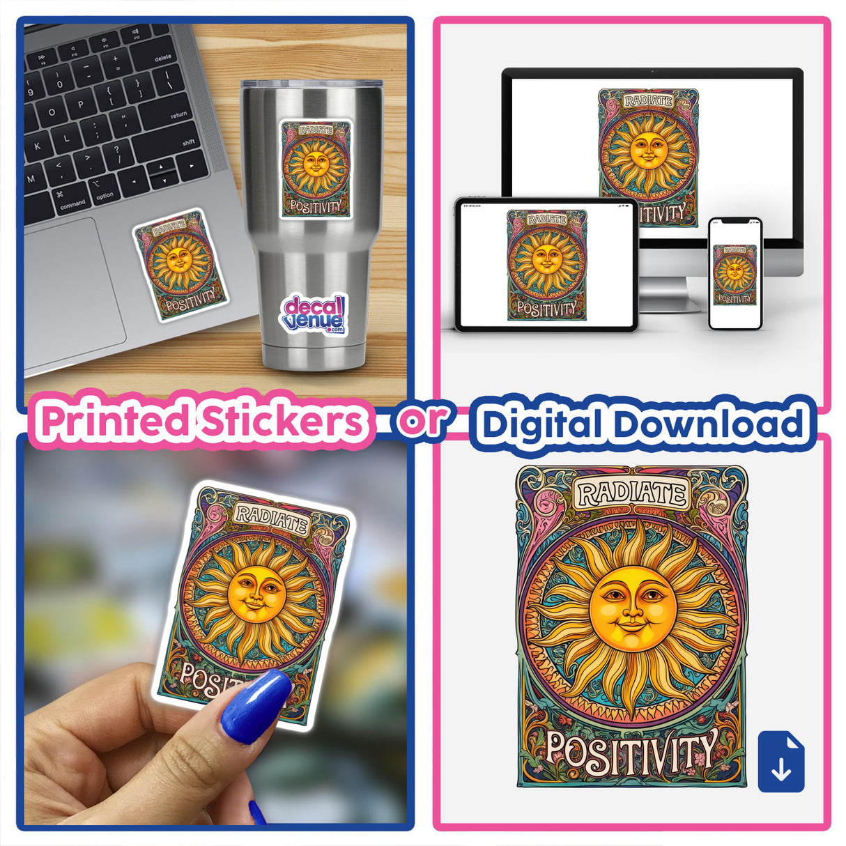 Collage featuring Radiate Positivity Sun with Ornate Floral Patterns, displayed on a laptop and phone as a sticker, emphasizing unique design suitable for vinyl stickers or digital artwork.