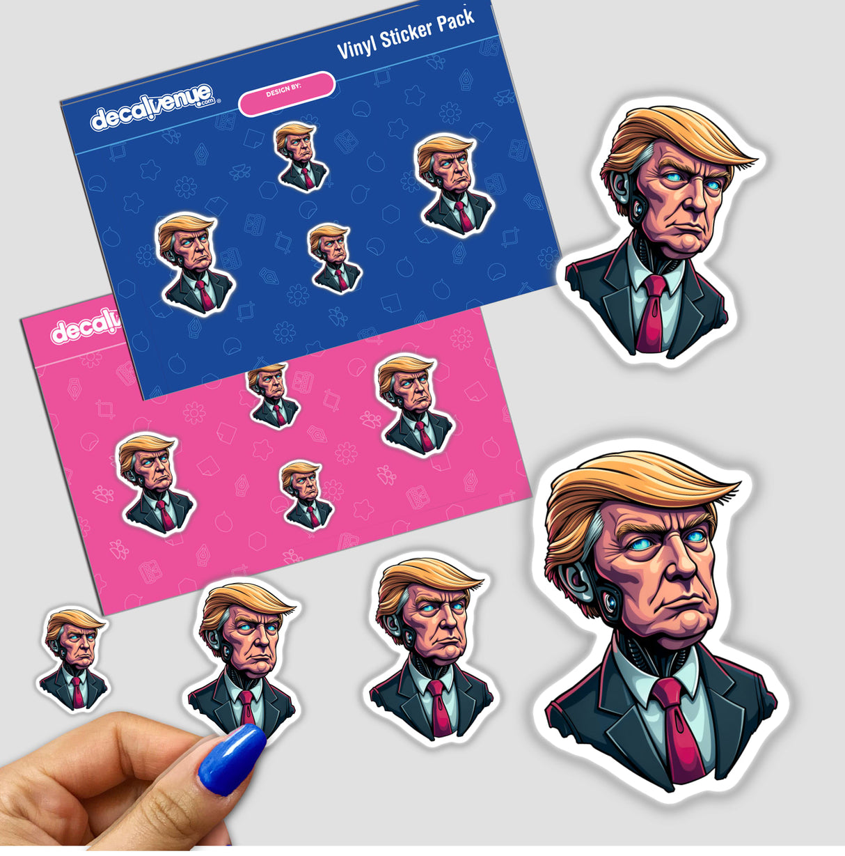 Futuristic President Donald Trump sticker featuring a cartoon version of him, shown with a hand displaying blue nail polish, available as unique digital artwork or vinyl decal.