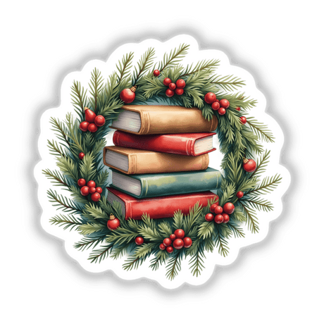 Books in a Christmas Wreath sticker design, featuring a stack of books nestled within a festive wreath, capturing the blend of holiday cheer and literary coziness.