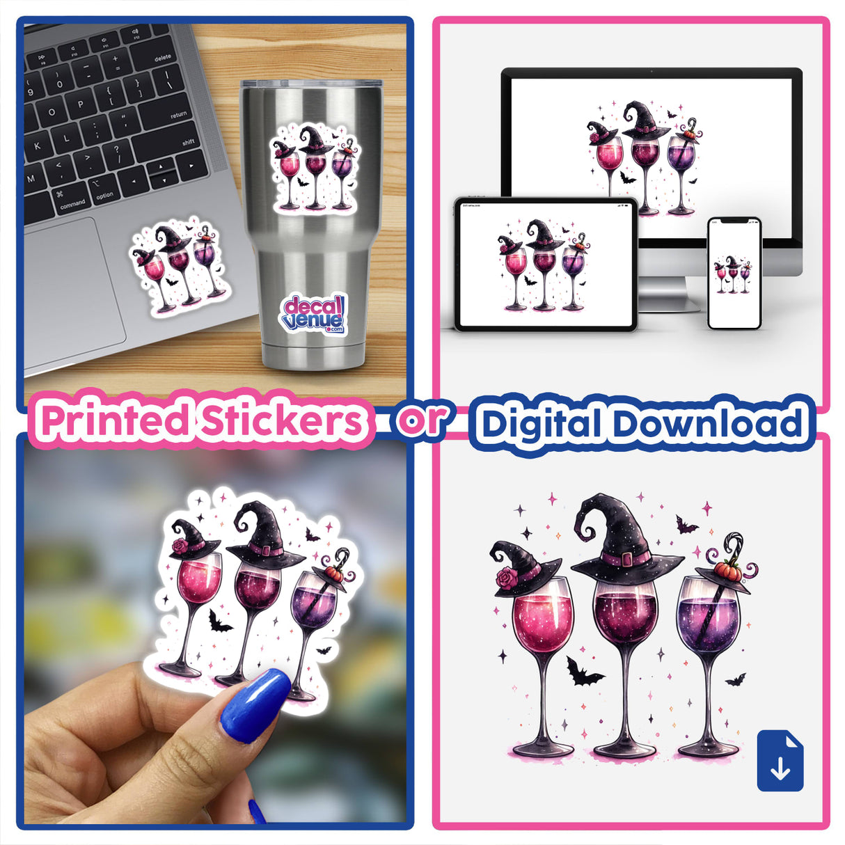 Collage featuring Halloween Witchy Wine Glasses II stickers and digital artwork, depicting whimsical wine glasses with witch hats, suitable for laptops and other surfaces.