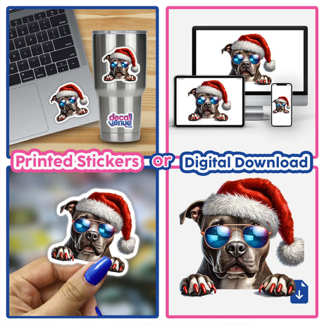 Cool Christmas Pitbull Santa Dog collage featuring a dog wearing a Santa hat and sunglasses, available as stickers or digital artwork, ideal for adding festive charm to your collection.