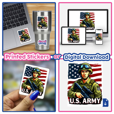 U.S. Army - American Soldier With Flag depicted as a digital artwork collage, featuring a soldier in uniform with a gun. Available as stickers or digital artwork from Decal Venue.