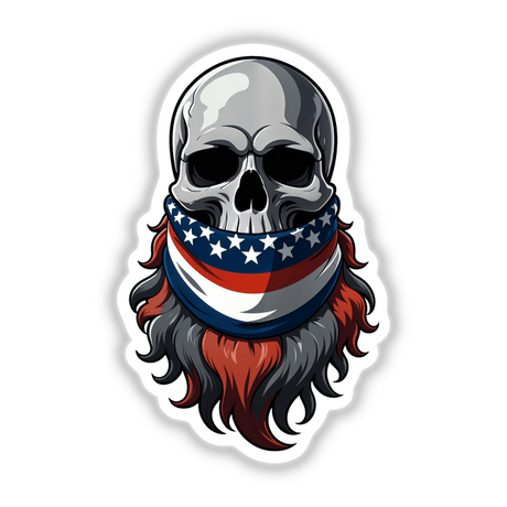 A Cool Skull With An American Flag Bandana illustration, featuring a bearded skull wearing a red, white, and blue bandana with stars, available as stickers or digital artwork.