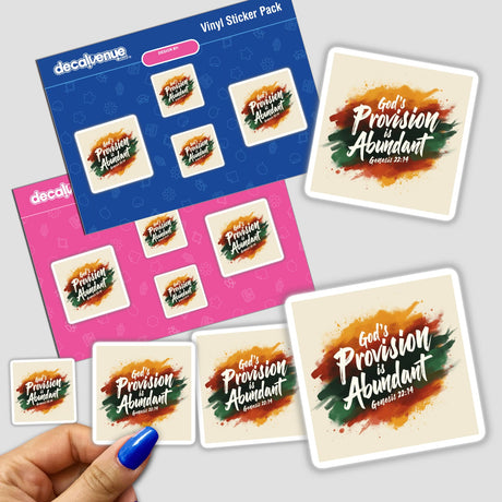 God’s Provision is Abundant sticker pack features various designs with text inspired by Genesis 22:14, showcasing colorful paint splashes, perfect for faith-themed decoration or digital artwork.