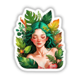 Sticker Design: Woman Resting Amidst Lush Tropical Greenery. Illustration of a woman with green hair and closed eyes surrounded by leaves. Available as stickers or digital artwork from Decal Venue.