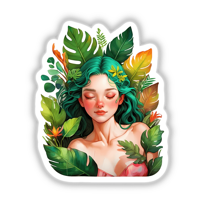 Sticker Design: Woman Resting Amidst Lush Tropical Greenery. Illustration of a woman with green hair and closed eyes surrounded by leaves. Available as stickers or digital artwork from Decal Venue.