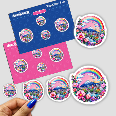 Tokyo Dreams: Mount Fuji and Cityscape Rainbow sticker depicting a vibrant cityscape with Mount Fuji, a rainbow, and flowers.