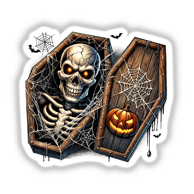 Spooky Halloween skeleton peeking out of coffin with spider web decor and jack-o-lantern