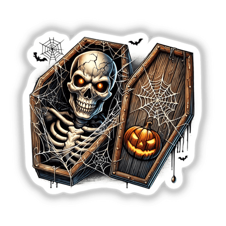 Spooky Halloween skeleton peeking out of coffin with spider web decor and jack-o-lantern