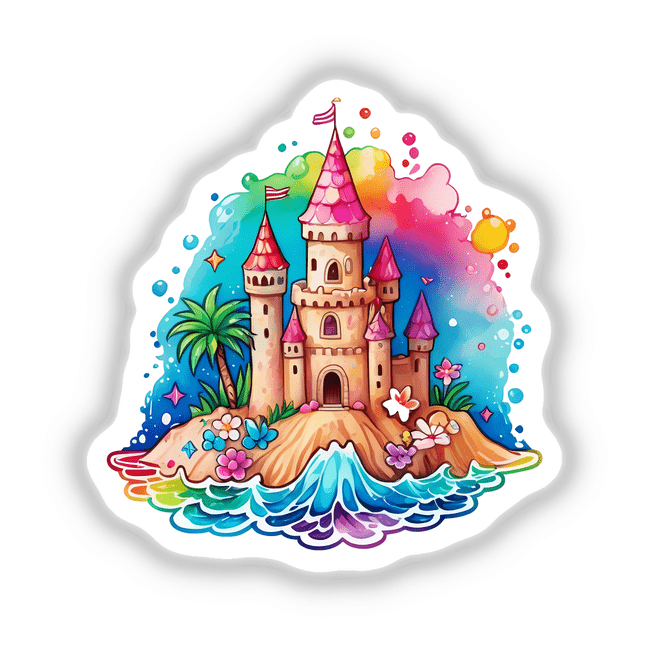 Seaside Splendor: Cute Sandcastle Watercolor Sticker depicting a charming cartoon castle on an island, perfect for stickers or digital artwork enthusiasts.