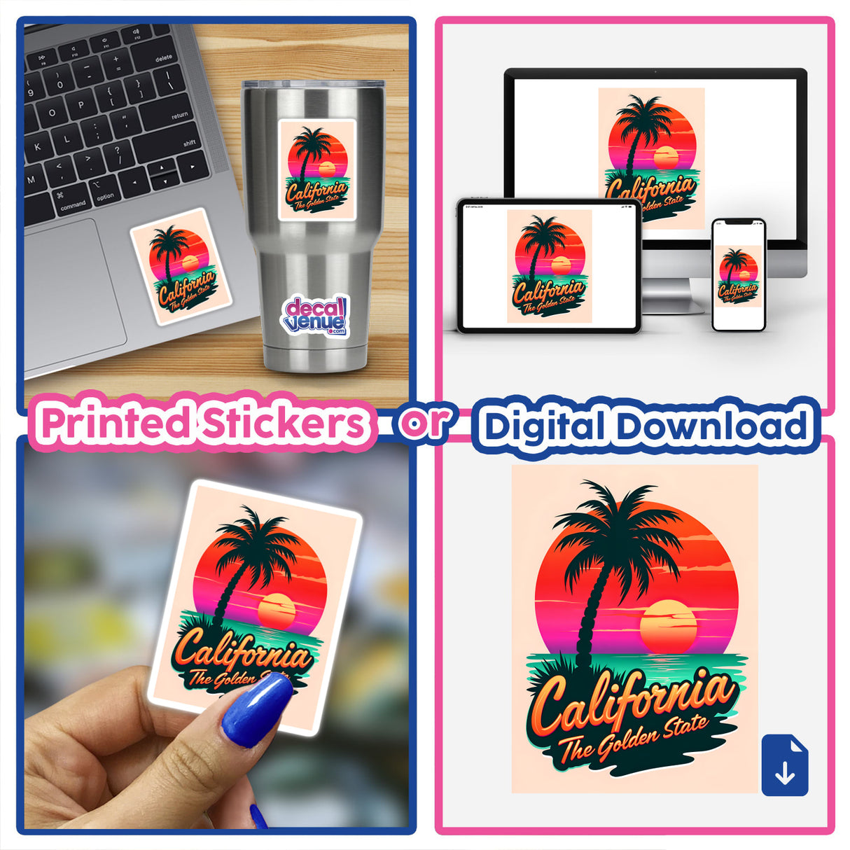 California The Golden State sticker collage featuring a laptop and a hand holding the sticker, showcasing palm trees and a sunset. Available as stickers or digital artwork from Decal Venue.