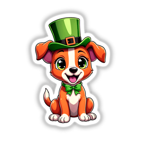 St. Patrick's Day Puppy sticker features a cartoon dog wearing a green leprechaun hat and bow tie, with expressive black eyes. Available as a unique decal or digital artwork.