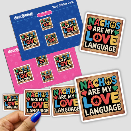 Hand holding the Nachos Are My Love Language sticker pack, featuring fun, food-themed clipart in a cute retro design, ideal for food lovers and available for commercial use or as digital artwork.