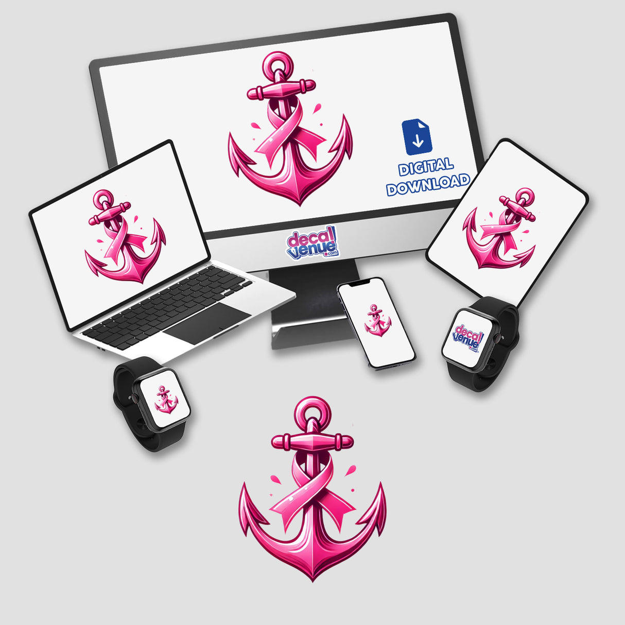 Anchor Pink Ribbon Breast Cancer digital artwork displayed on a computer monitor and laptop screen, available as stickers or digital prints from Decal Venue.