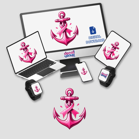 Anchor Pink Ribbon Breast Cancer digital artwork displayed on a computer monitor and laptop screen, available as stickers or digital prints from Decal Venue.