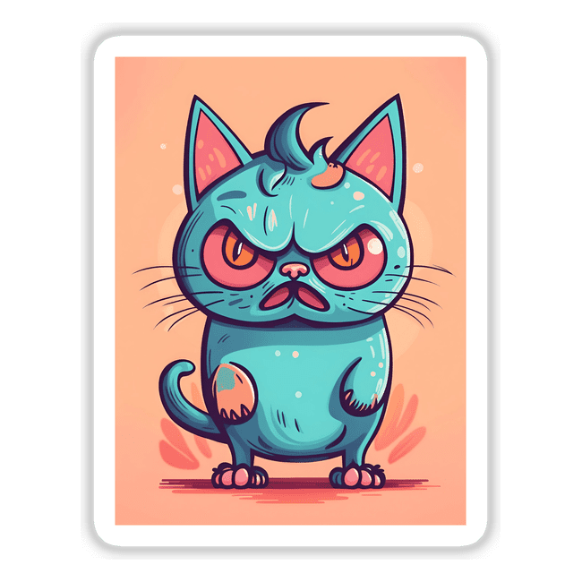 Vibrant digital artwork depicting an adorable yet angry-looking blue cat with exaggerated features, sitting against a peach-colored background.