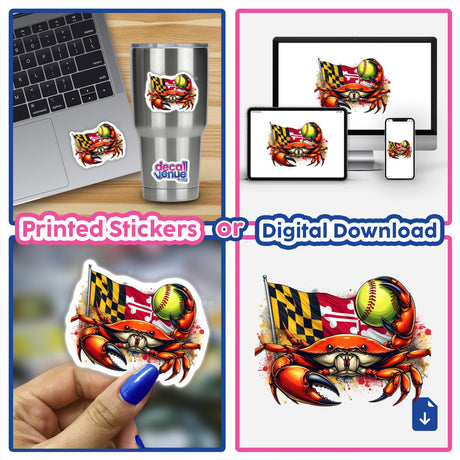 Maryland Flag Steamed Crab Softball Splatter sticker featuring a cartoon crab holding a flag and softball, shown on a laptop and held by a person, available as stickers or digital artwork.