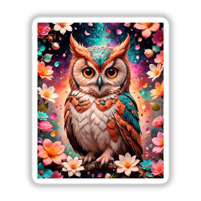 A Lovely Owl With Blooming Flowers: A vibrant artwork featuring an owl adorned with intricate floral patterns, available as stickers or digital art from Decal Venue.