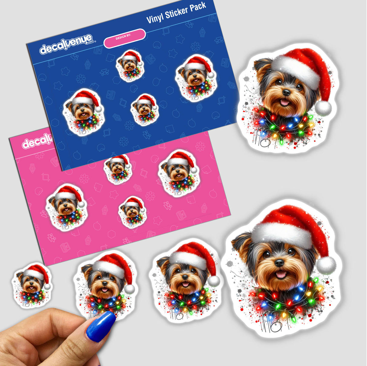 Christmas Yorkie Dog in Christmas Lights sticker, featuring a cute Yorkie wearing a Santa hat and surrounded by Christmas lights, available as both stickers and digital artwork.