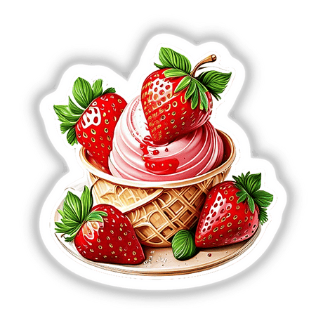 Strawberry ice cream in a waffle cone with fresh strawberries