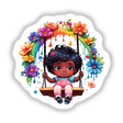 Swinging Splendor: Cute Kid on Swing with Floral Splash, featuring a cartoon girl on a swing surrounded by various flowers, available as stickers or digital artwork.