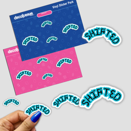 Shifted- in Aquamarine sticker pack featuring intricate blue writing, showcasing a unique design. Ideal for embellishing surfaces with distinct digital artwork, available exclusively at Decal Venue.