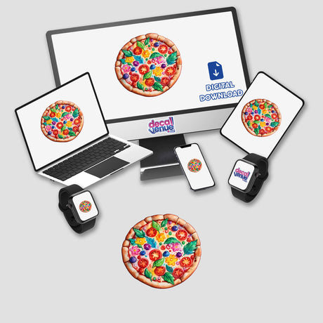 A computer monitor and laptop display digital artwork of a flower pizza, available as stickers or digital art.