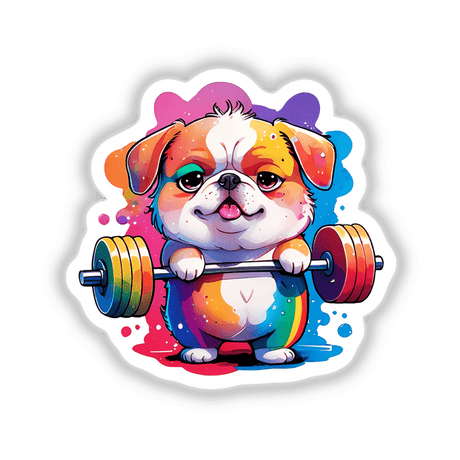 Dog Lifting Weights: A cartoon dog lifting a barbell, available as stickers or digital artwork from Decal Venue.