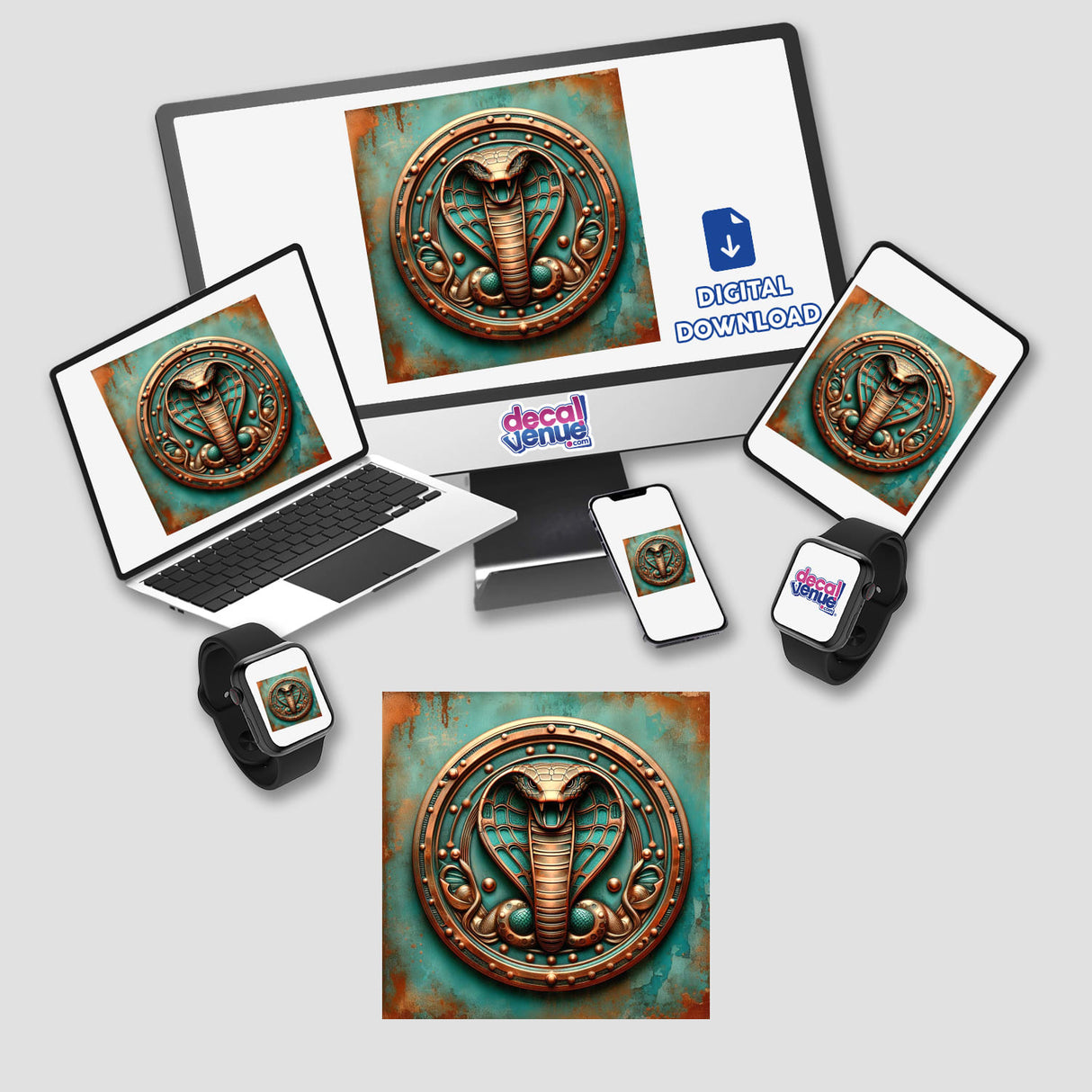 Detailed digital snake medallion artwork showcased on various devices from the Decal Venue store.