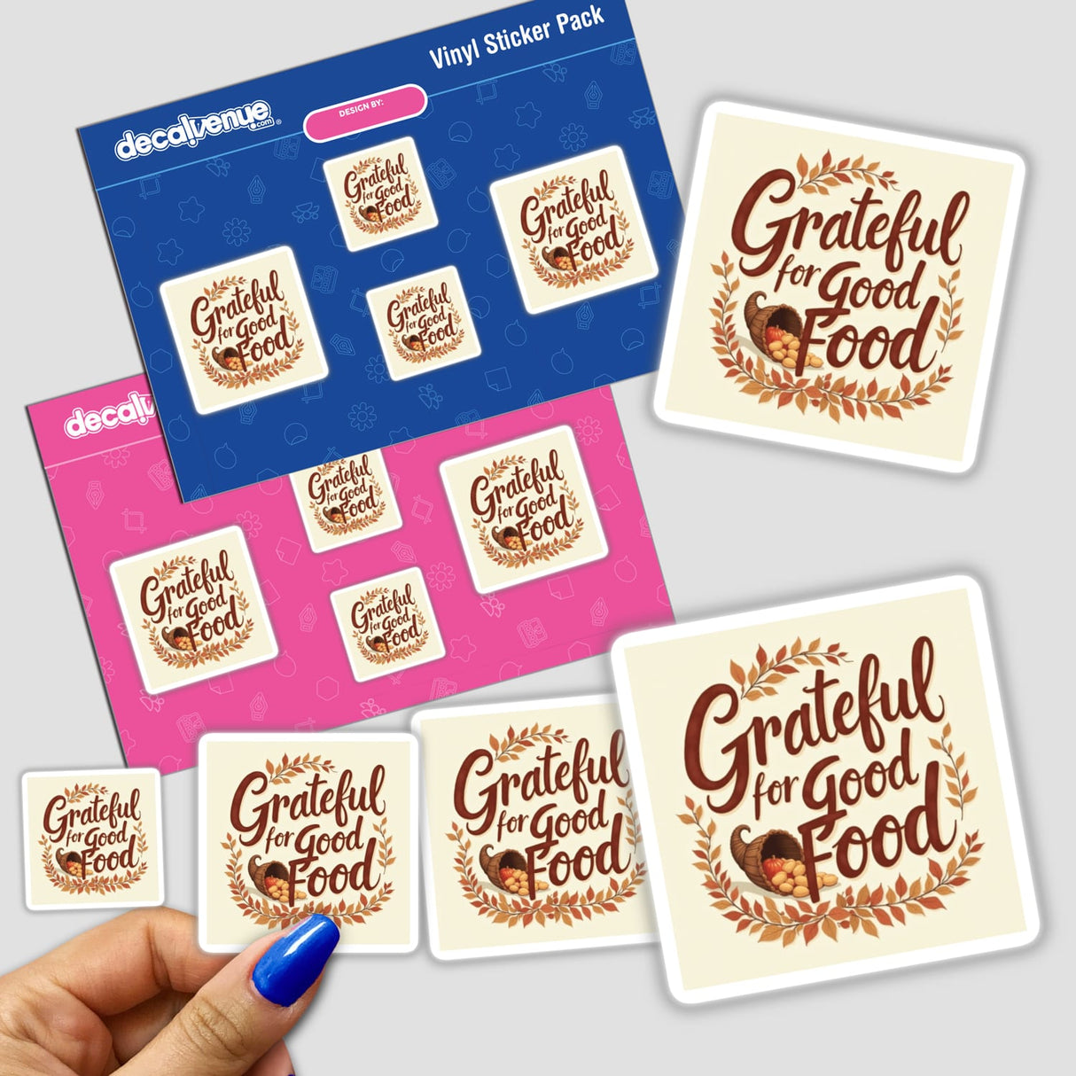 Hand holding Grateful for Good Food Thanksgiving Sticker pack, available as stickers or digital artwork with commercial rights from Decal Venue.