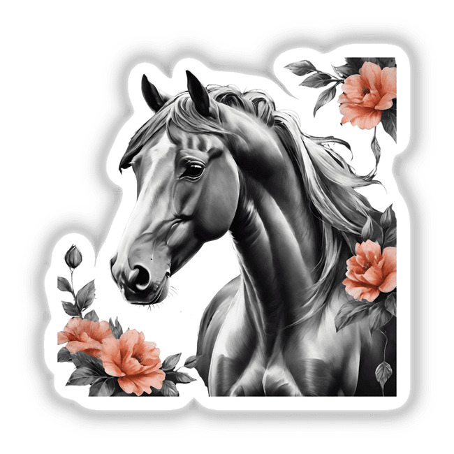 Horse Floral Accents PA11: An artistic sketch of a horse adorned with flowers, available as stickers or digital artwork.