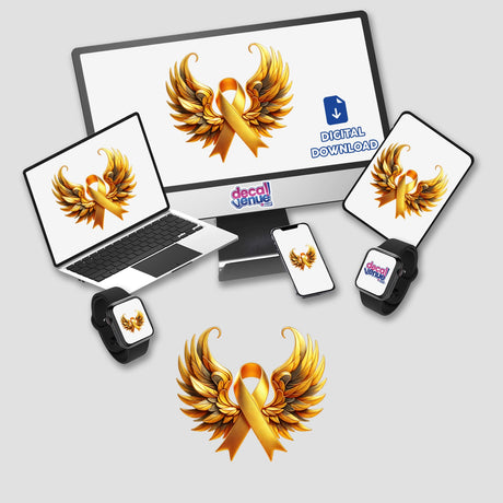 Gold Awareness Ribbon with Wings depicted as a digital artwork; features a computer monitor and laptop adorned with wings and a gold ribbon, available as stickers or digital art.