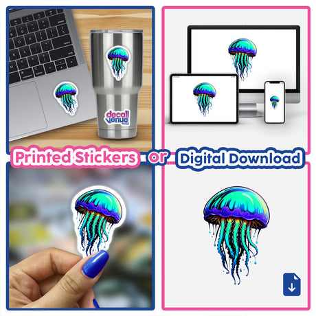 Collage featuring 'A Blue Jellyfish' stickers and digital artwork, highlighting vibrant tentacles, available from Decal Venue.