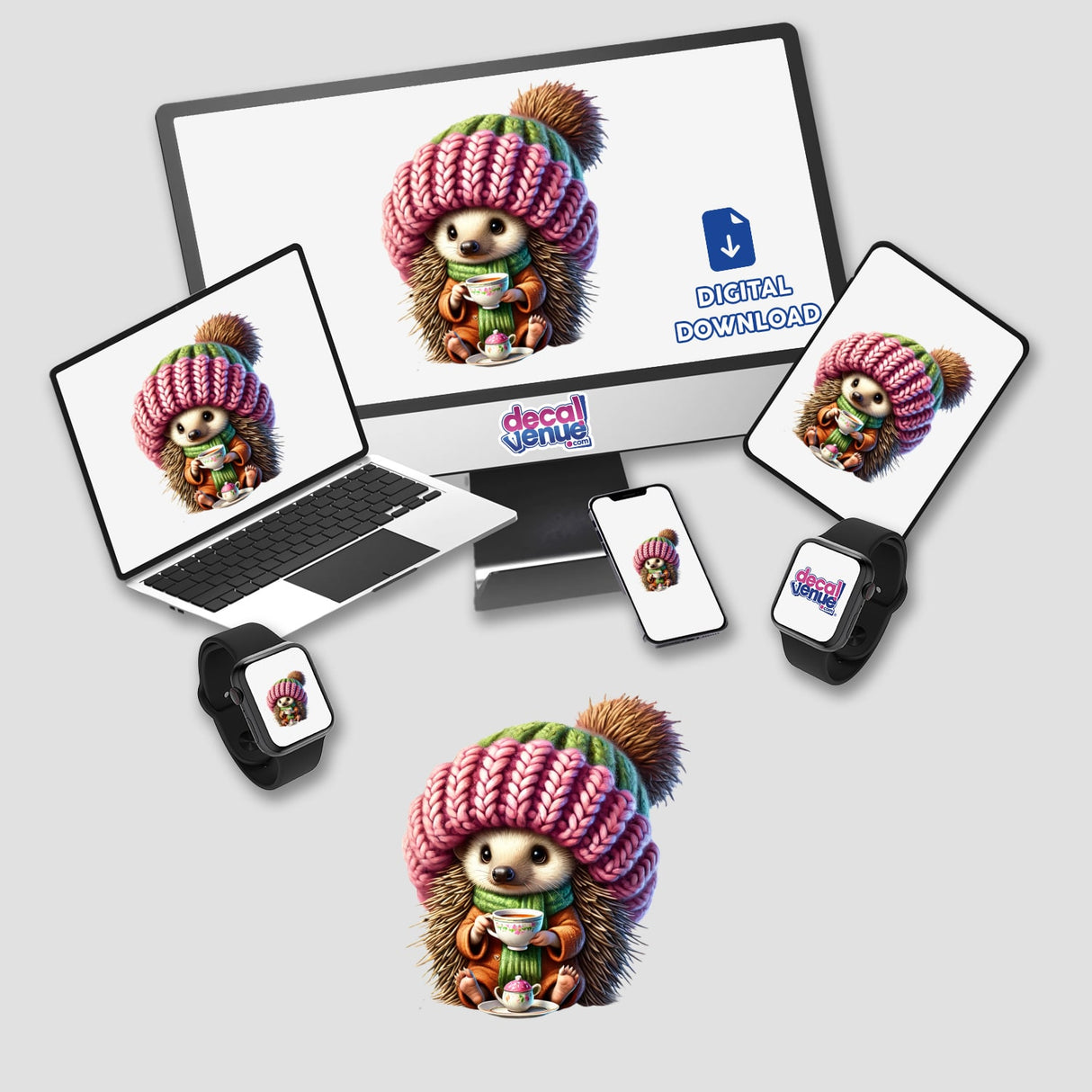 Cute digital hedgehog gnome wearing a colorful knitted hat, holding a mug and sitting on various devices including laptops, smartphones, and smartwatches displaying the Decal Venue brand.