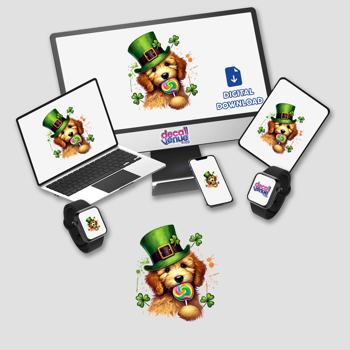 St Patricks Goldendoodle Dog Eating Lollipop depicted on a computer monitor and laptop, available as stickers or digital artwork, reflecting Decal Venue's unique sticker and digital art offerings.