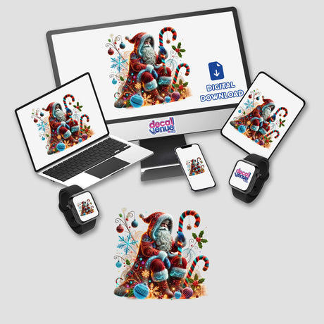 Luminous Santa in vibrant Christmas sweater surrounded by festive ornaments and decor on various digital devices from Decal Venue's product collection.