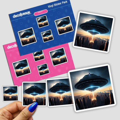 Stunning digital artwork of spaceships hovering over a futuristic cityscape, available as stickers or digital downloads from the Decal Venue store.