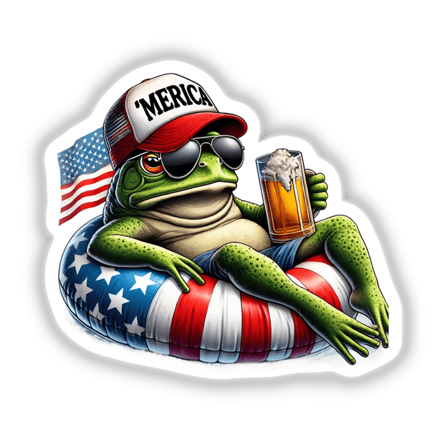 Cartoon frog in hat and sunglasses holding a beer, titled Bullfrog American Flag Float Merica; available as stickers or digital artwork.