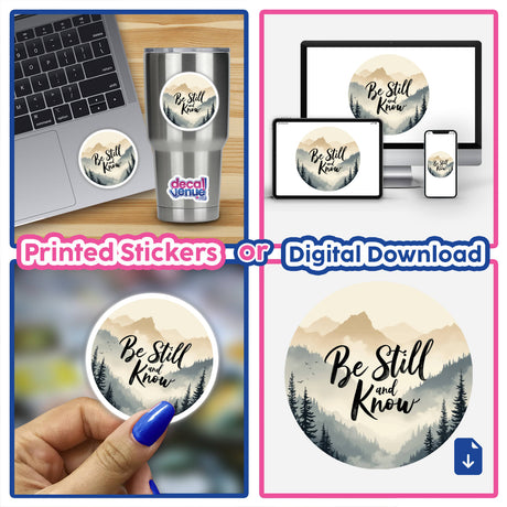 Be Still and Know Sticker & Clipart featuring Psalm 46:10, showcased on laptops and cups with various close-up views of the detailed sticker design.