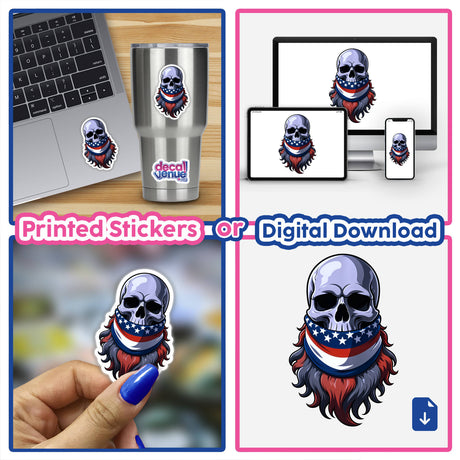 Sticker collage featuring 'A Cool Skull With An American Flag Bandana', showcasing various skull designs with bandanas on laptops and cups, available as stickers or digital artwork from Decal Venue.