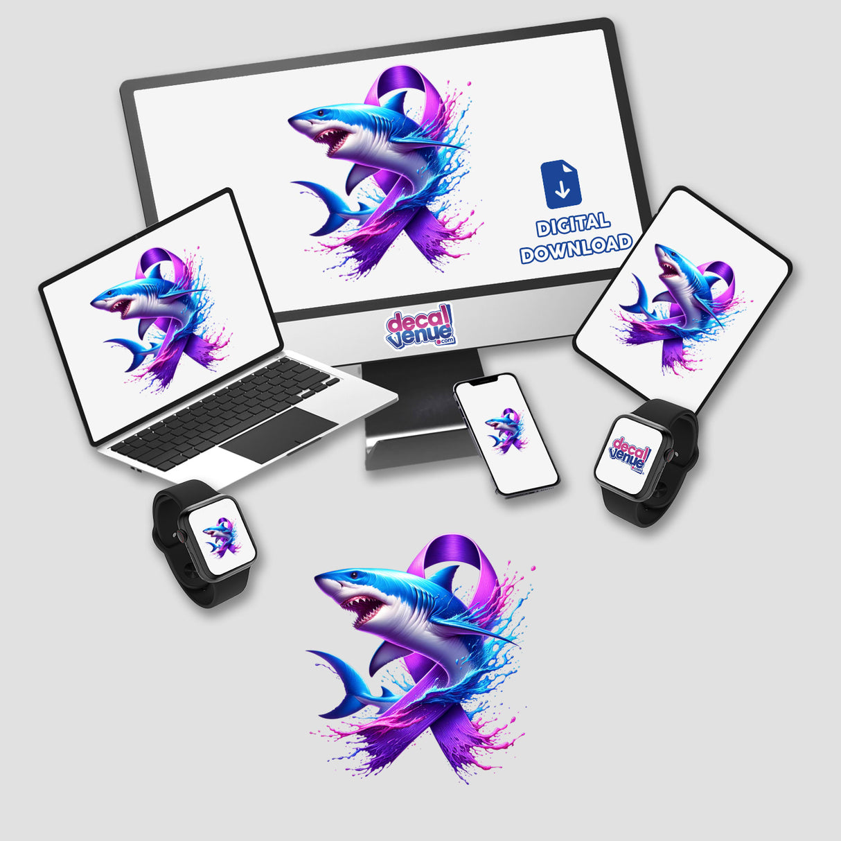 Shark Purple Ribbon digital artwork featuring a shark with a purple ribbon on computer screen, laptop, and smartwatch. Available as stickers or digital art from Decal Venue.