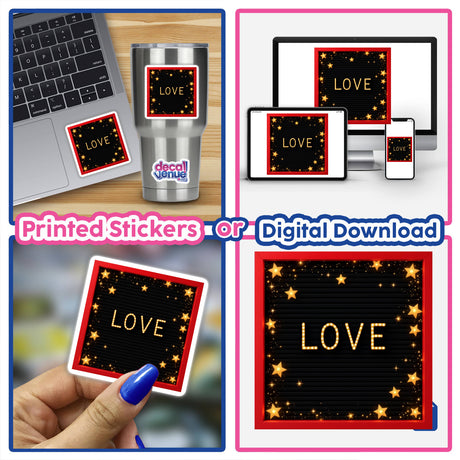 Red Letterboard with Gold “LOVE” Letters and Fairy Lights, featured among various sticker designs, highlighting its vibrant text and decorative illumination, perfect for adding a stylish touch.