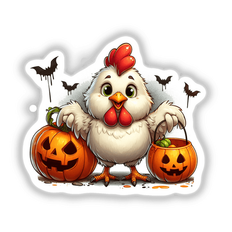 Halloween Chicken Trick or Treater: A cartoon chicken surrounded by pumpkins, featuring a jack-o-lantern, bats, and a whimsical expression. Available as stickers or digital artwork.